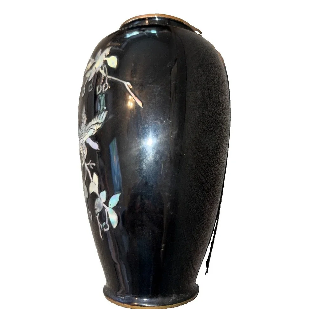 Vintage Asian Black Enamel Brass Vase Mother of Pearl Bird Floral 6 Inch